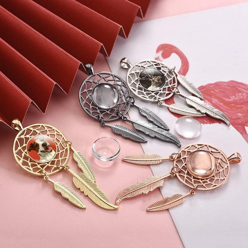 LANBEIDE 60Pieces Cabochons Jewelry Making Kits-20Pcs Dreamcatcher Bezel Pendant Trays with 20Pcs Glass Cabochons 14mm and 20Pcs Black Waxed Necklace Cords for Photo Pendant Jewelry Making - Image 5